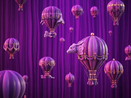 Colorful hot air balloons flying over purple curtains. 3D rendering