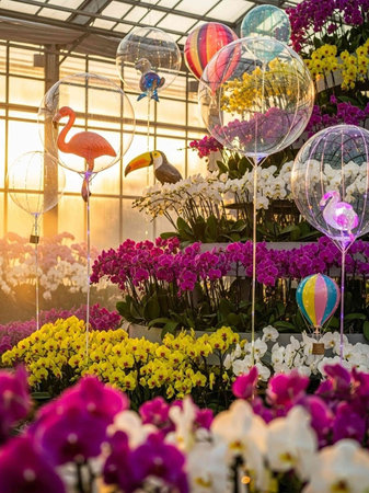 Beautiful blooming flowers in the greenhouse at sunset. Floral background