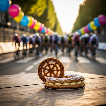 Cake on a wooden table with blurred people in the background.の写真素材