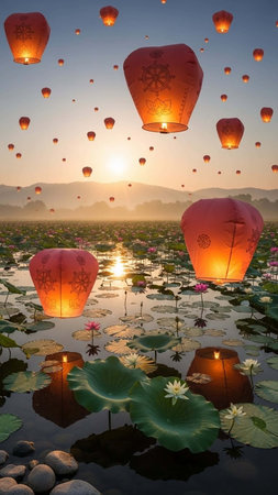 Paper lanterns floating on the lake with lotus flower and sunrise