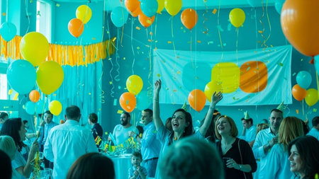 People celebrating birthday party with balloons and confetti. Group of friends having fun together.