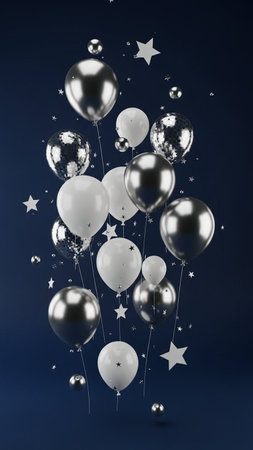 Silver balloons with stars and confetti on blue background. 3D Renderingの写真素材