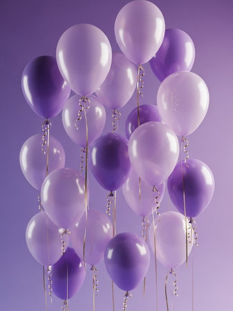 Purple balloons on a purple background with space for your text.の写真素材