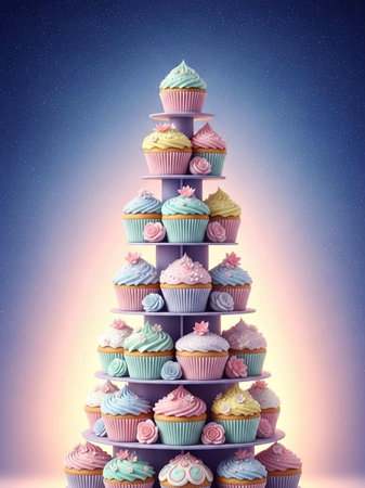 Cupcake tower with pink and blue cupcakes on colorful background