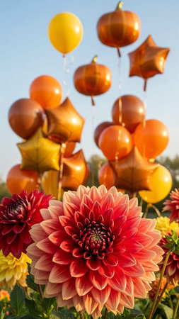 Colorful balloons and dahlias on a background of blue skyの写真素材