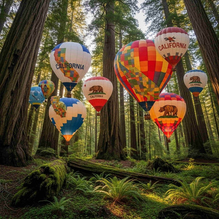 Colorful hot air balloons flying over Redwood Forestの写真素材