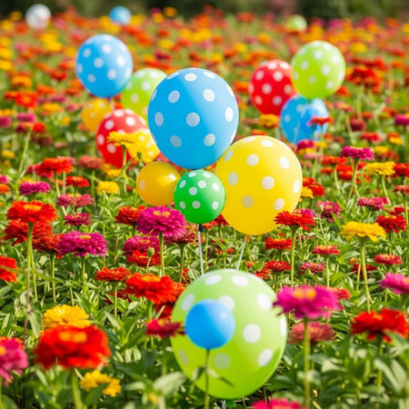 Colorful balloons and flowers in a flower garden. Selective focus.の写真素材
