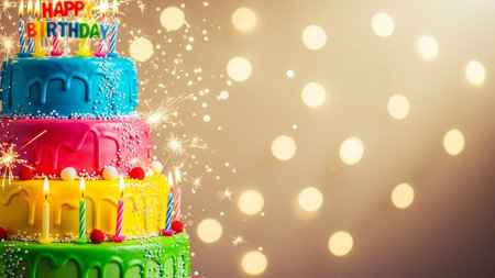 Birthday cake with candles on a bokeh background. Copyspace.