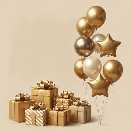Gift boxes and golden balloons on beige background. 3D rendering
