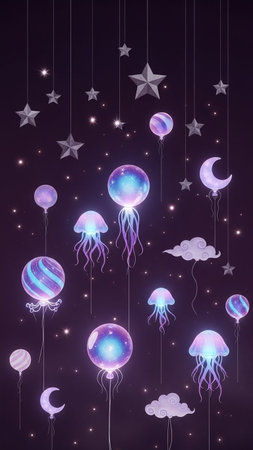 Night sky with moon, stars and jellyfish. Vector illustration.