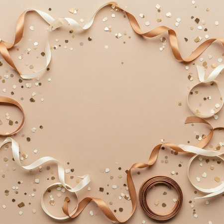 Decorative ribbons and confetti on beige background. Flat lay, top view