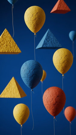 Colorful balloons and pyramids on blue sky background. Colorful balloons.の写真素材