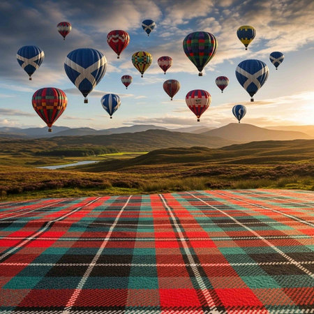 Hot air balloons flying over the beautiful landscape of Scotland, UK.