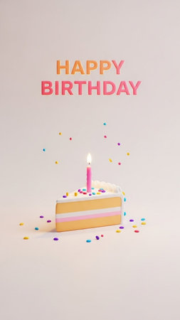 Birthday cake with burning candle on white background with text Happy Birthdayの写真素材