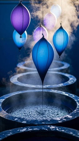 Blue and purple balloons with smoke on a dark blue background. 3d rendering