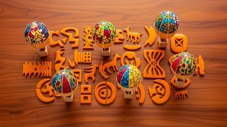 Colorful wooden alphabet with hot air balloons on the wooden background.