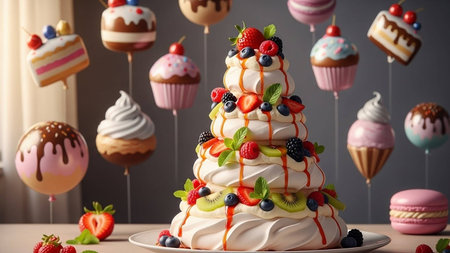 Birthday cake with berries and macaroons on a gray backgroundの写真素材