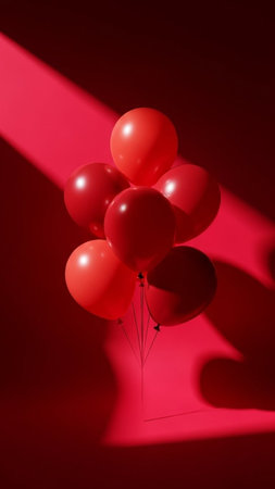 Red balloons on red background. Festive concept. Copy space.