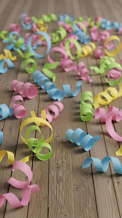 Colored paper ribbons on wooden background. 3d illustration.の写真素材