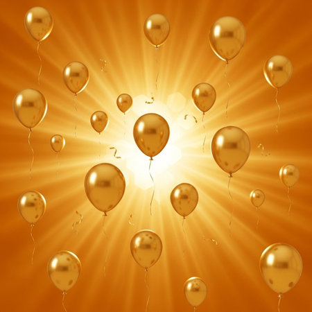 Golden balloons with sun rays on orange background. 3D illustration.