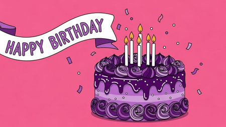 Happy Birthday card with cake and candles on pink background. Vector illustration.