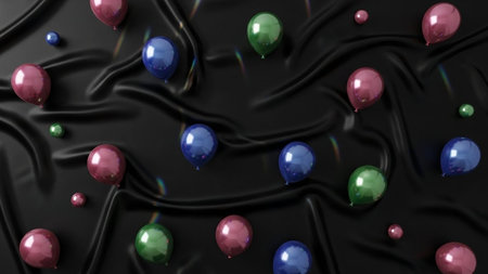3d render of multicolored balloons on black silk cloth.の写真素材