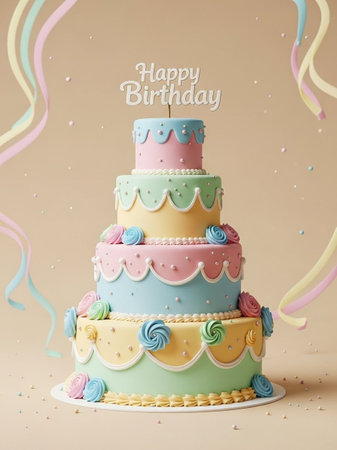 Birthday cake with ribbons and confetti on beige background