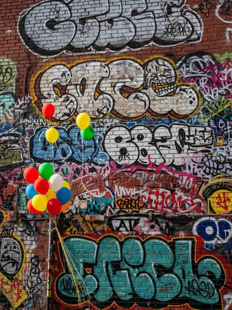 Colorful balloons in front of graffiti wall
