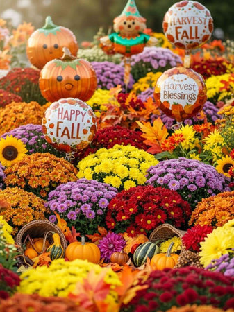 Colorful autumn decoration with pumpkins, flowers and pumpkins.