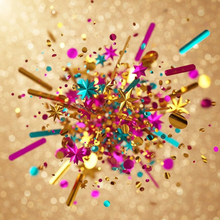 Colorful confetti explosion on golden background. 3d render illustration
