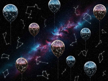 Glowing balloons with constellations and stars in outer space.