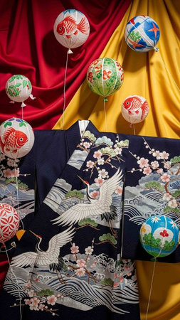 Japanese-style kimono and japanese lanterns, close up