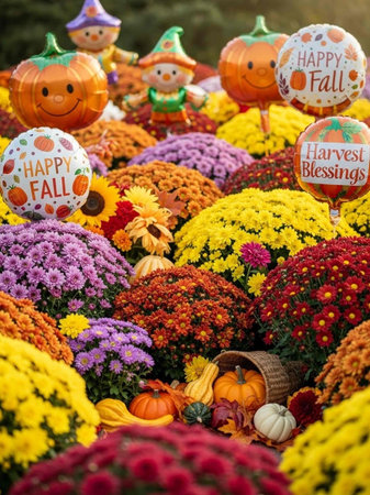 Colorful pumpkins and flowers at the autumn fair in Poland.