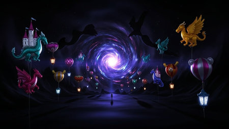 3d rendering of fantasy fantasy night scene with flying animals and lights