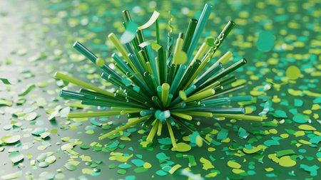 3d illustration of a green cocktail straw surrounded by confetti.の写真素材