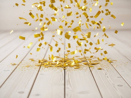 Golden confetti on white wooden background. Festive background with bokeh effect.の写真素材
