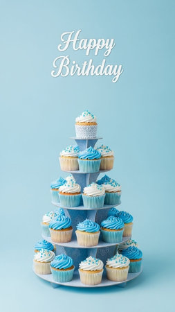 Blue birthday cupcakes on a blue background with text Happy Birthday.の写真素材