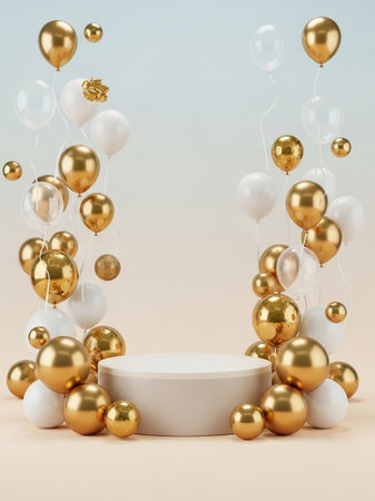 3d render of minimal product display podium with gold and white balloons.の写真素材