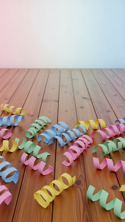 Colorful paper ribbons on wooden floor with copy space for textの写真素材