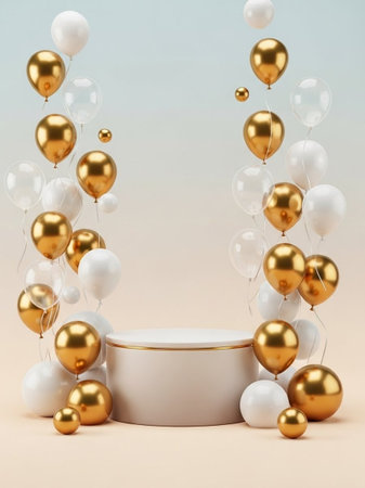 3d render of minimal product display podium with gold and white balloons.の写真素材