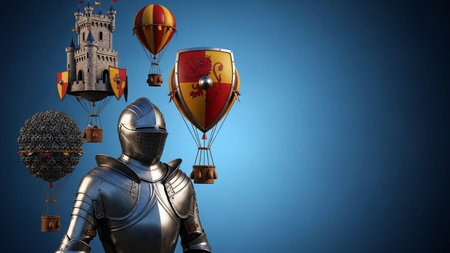 Medieval knight with castle and hot air balloons. 3D renderingの写真素材
