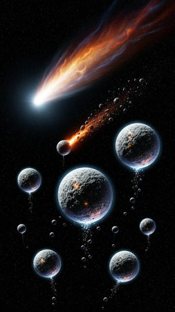 Falling meteorite in the space. Abstract background. 3D rendering