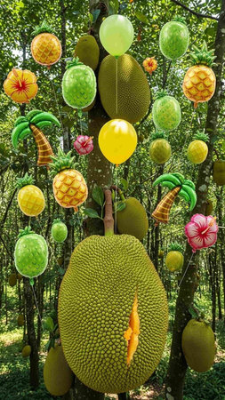 Artificial fruits hanging on the tree in the garden.