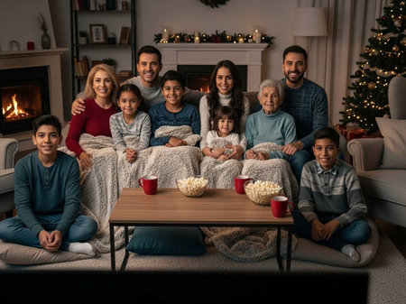 happy family with popcorn watching tv at home in winterの写真素材