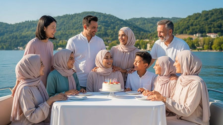 Happy muslim family celebrating together on a boat at the beachの写真素材