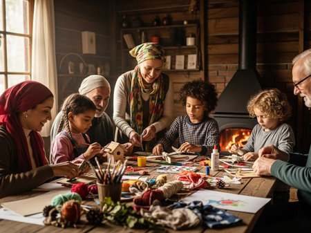 Grandmother with her grandchildren and granddaughter making crafts in the living room