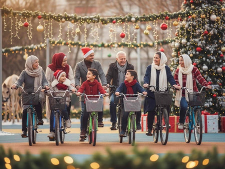 Group of friends riding bikes in the city at Christmas time. They are smiling and looking at camera.