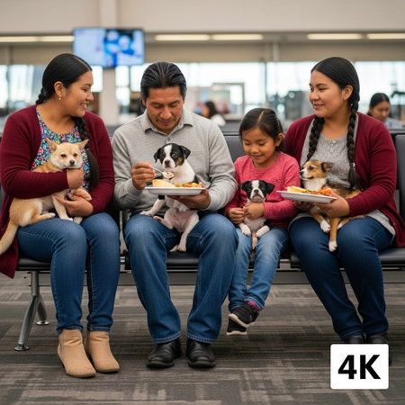 Group of family waiting at the airport with their dogs.