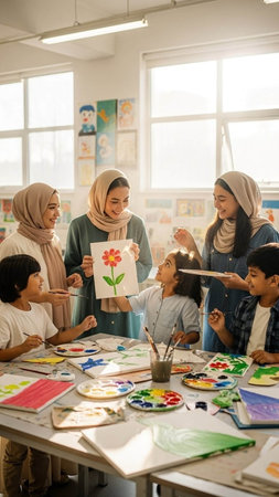 group of muslim children painting with teacher in classroom at elementary school