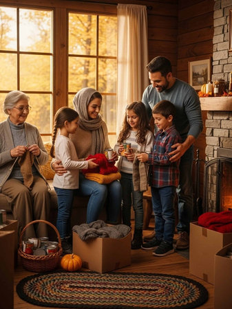 Happy family sitting in front of fireplace at home